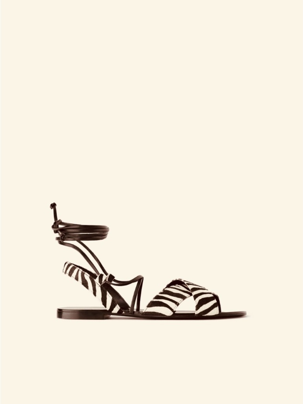 Zara Black and White Zebra-Print Ankle Tie Flat Sandal